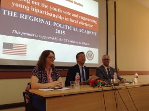 U.S. Ambassador Donald Lu speaks at a Korca event, one in a series of regional political academies organized by the Albanian Institute for International Studies as part of their Embassy Democracy Commission funded project. The other panel members were Albert Rakipi and Alba Cela of AIIS. (Photo: U.S. Embassy Tirana/Handout)