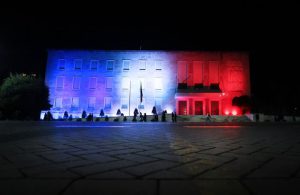 The prime minister's office and the president's palace were illuminated with the colors of the French flag. (Photos: French Embassy, GoA/Facebook)